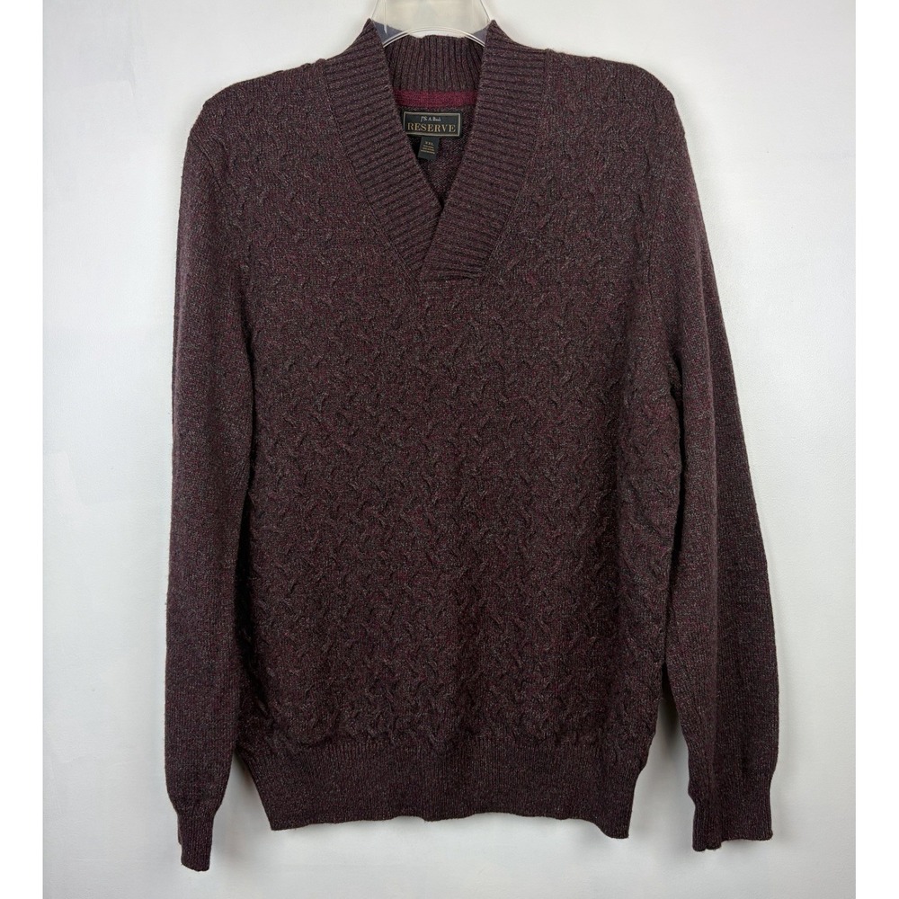 Jos A Bank Sweater Mens XXL Gray Reserve V Neck Cable Knit Wool Blend Pullover